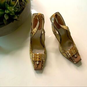 Vintage Christian Dior python square toe Jeweled gold sling back stiletto